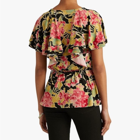 Lauren Ralph Lauren Black Label Floral Ruffle-Trim Top Black Multi - Picture 2 of 7